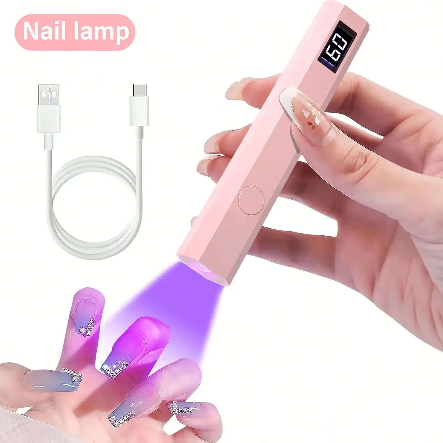 Portable nail dryer, mini USB nail lamp, LED UV lamp with 180 mAh battery, suitable for hardening all nail gels, applicable for care of nails at home.