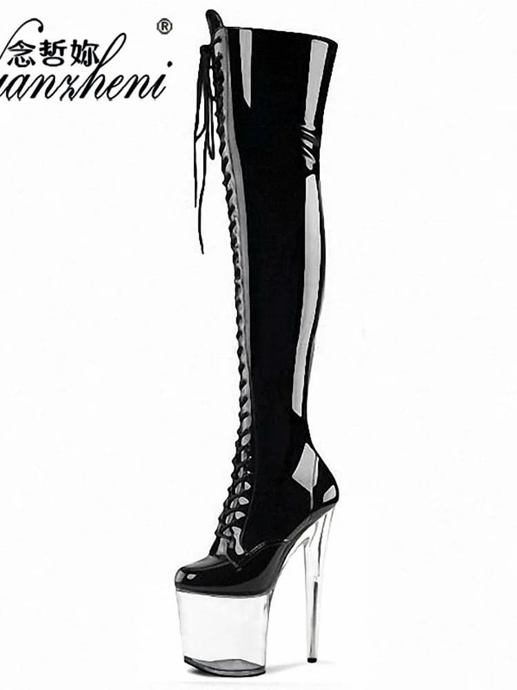 Round Toe Exotic High Heeled Platform Lace Up Over The Knee Models Sexy 20cm Gothic Pole Dancing Shoe Women Boot Fetish Stripper