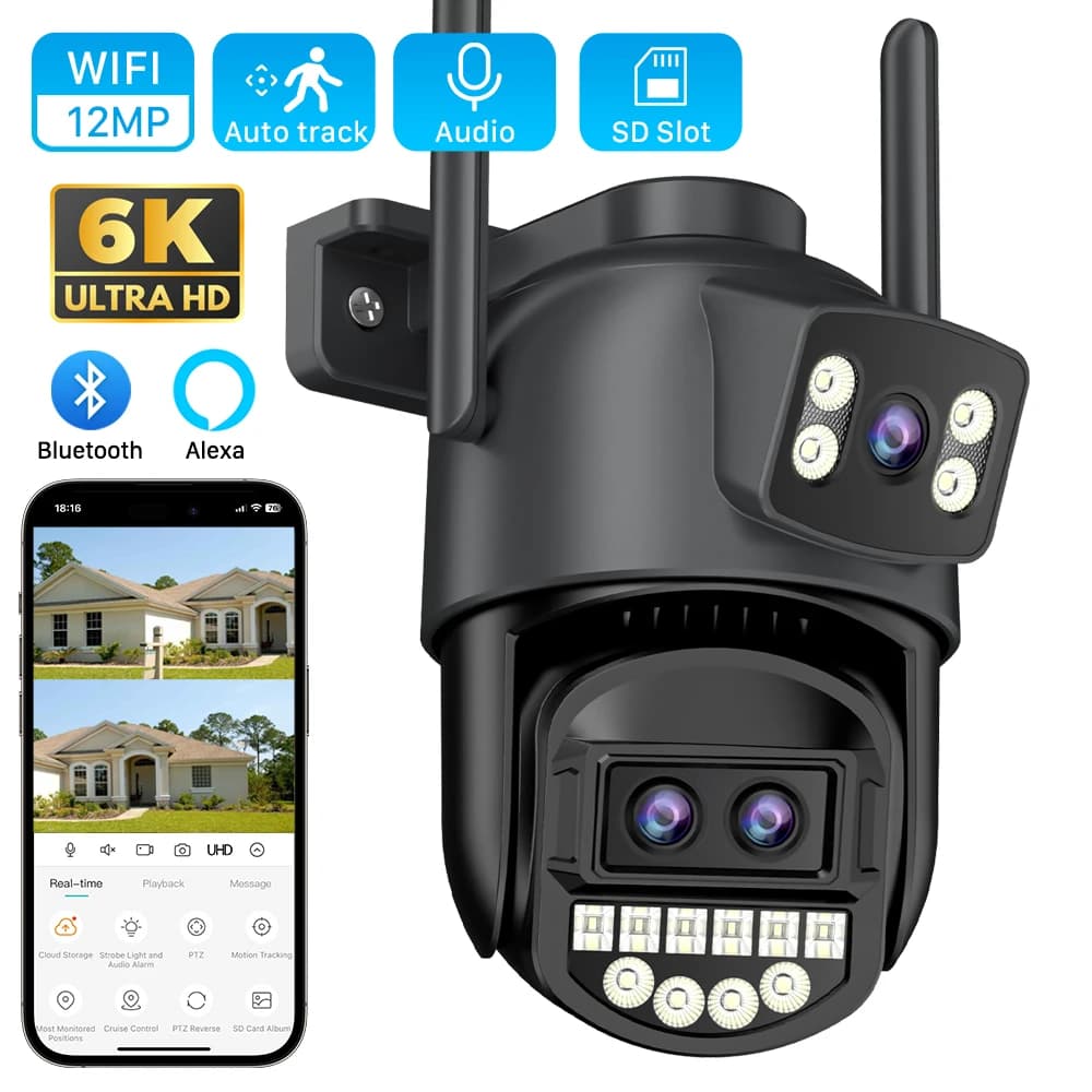 6K 12MP Outdoor Wifi IP Camera with Optical Zoom 8X Dual Screen CCTV Security Camera with Three Monitoring Goals 4K 8MP Dual Video