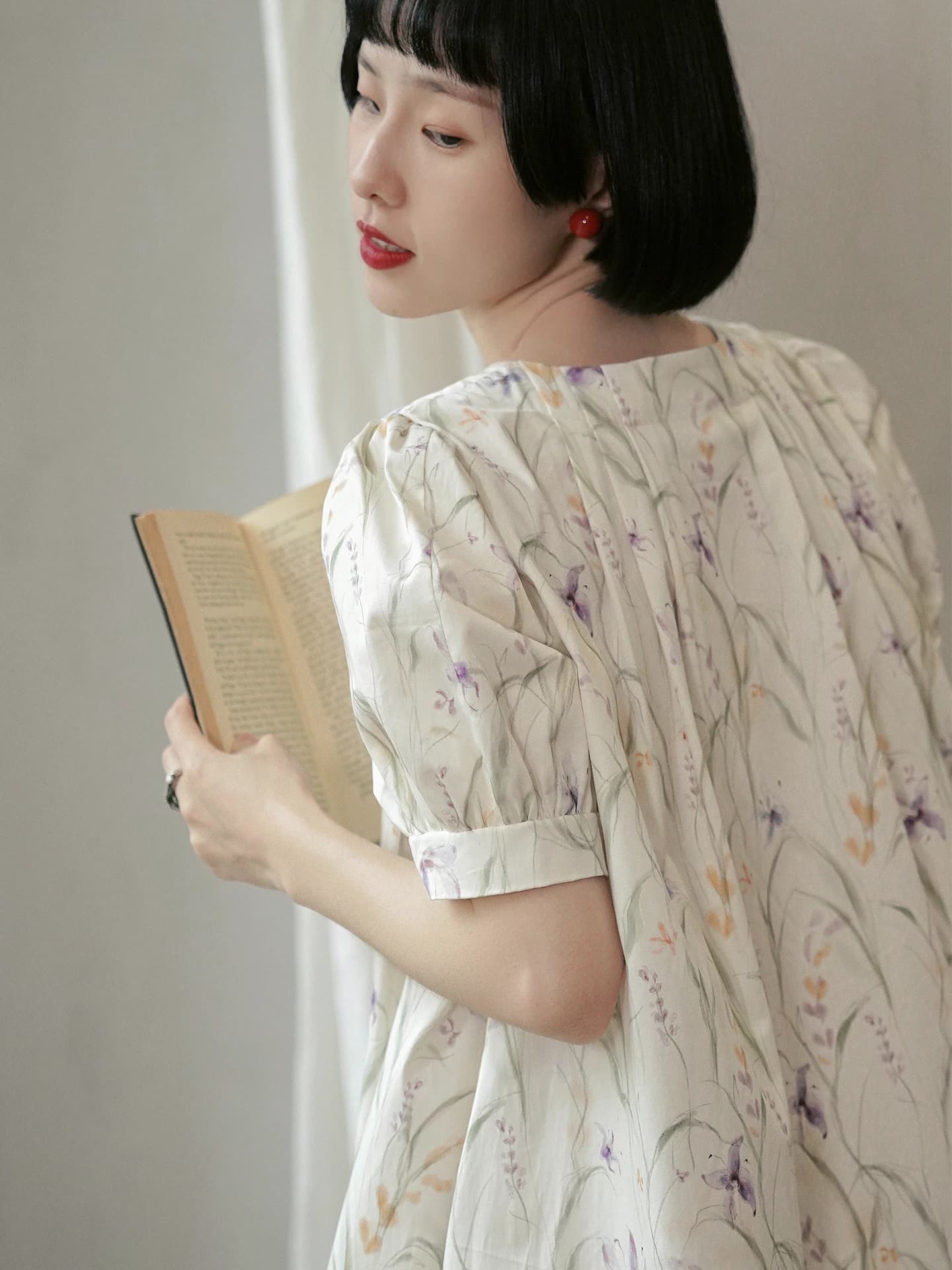 Retro Floral Print Loose A-Line Dress Square Collar Short Sleeve Women's Clothing Buckle Casual Summer Dress