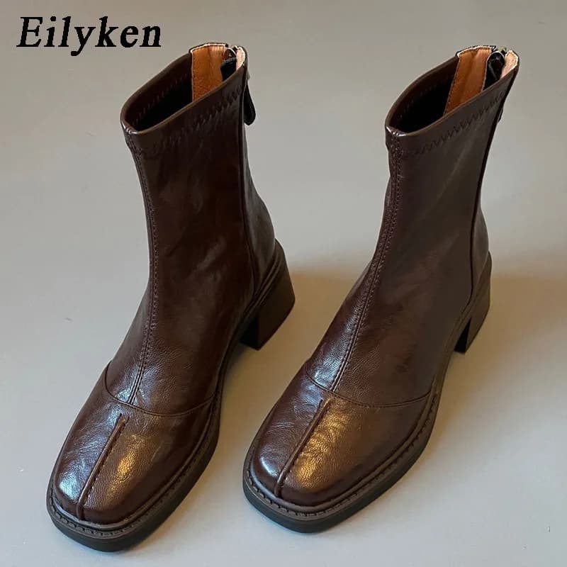 Eilyken Fashion Design Split Stitching Slim Women Ankle Boots Autumn Winter Vintage Square Toe Block Heels Back Zipper Shoes