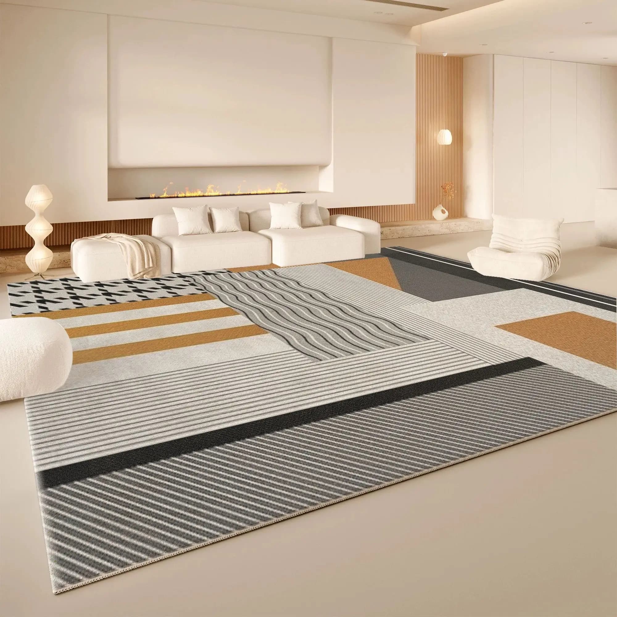 VIKAMA Multicolor Striped Patchwork Area Rug Non Slip Washable Living Room Carpet Modern Geometric Neutral Home Floor Rug