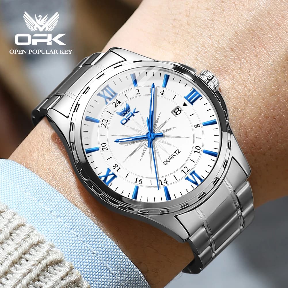 Orologio al quarzo da uomo con doppio calendario e cinturino in acciaio marca OPK 6003