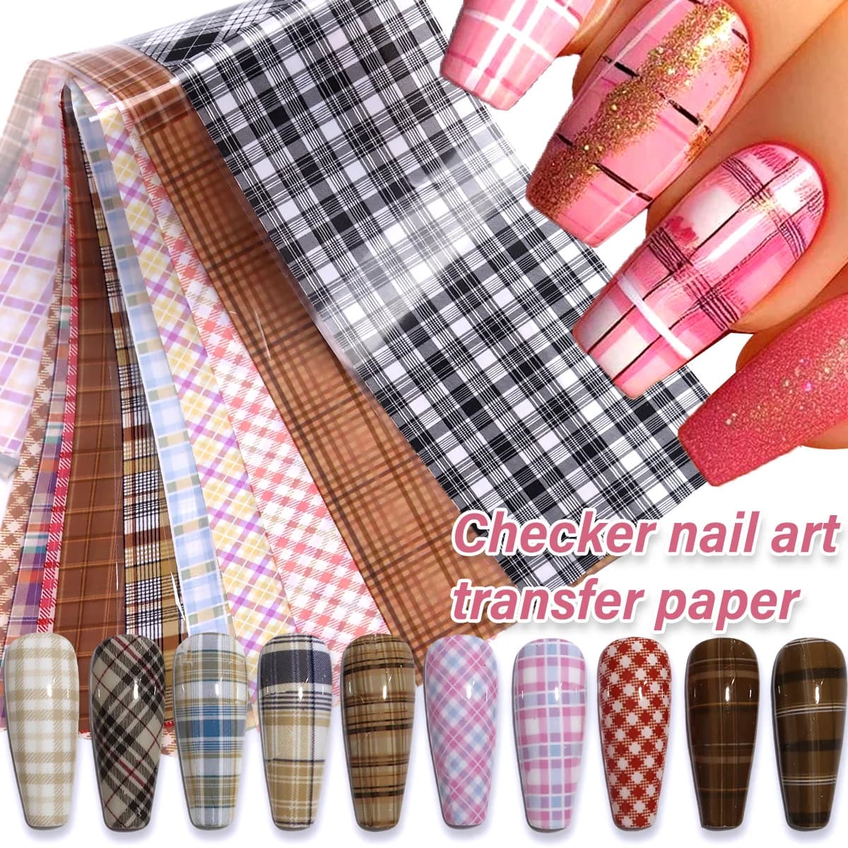 Pink houndstooth nail transfer stickers, diamond-patterned retro nail decals, starry sky nail art holographic transfer stickers.