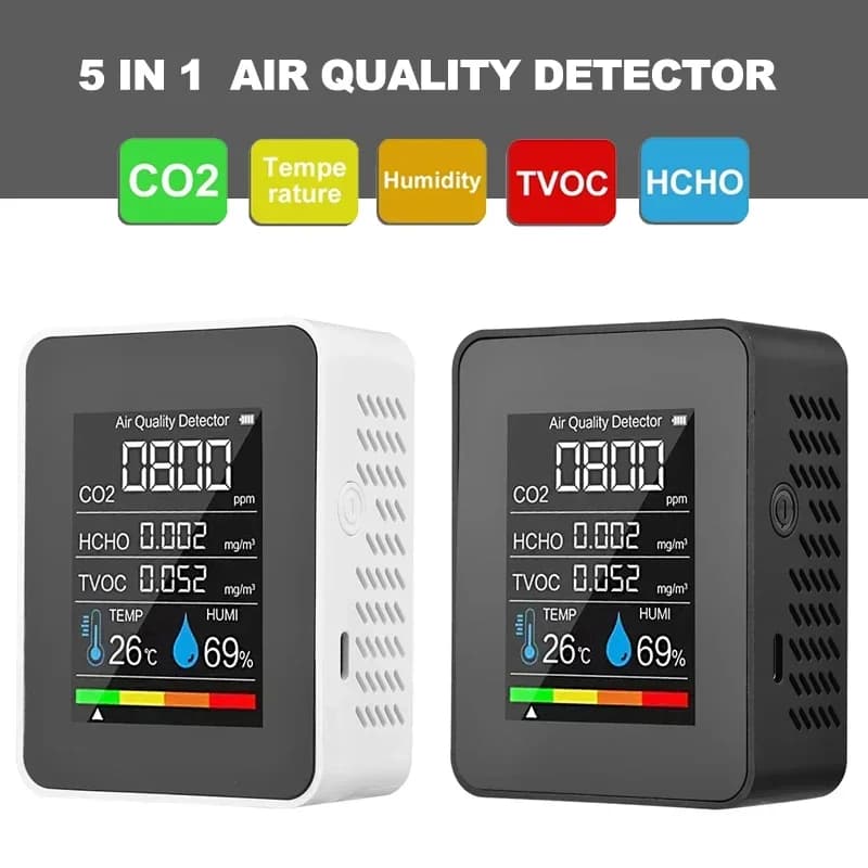 5in1 Multifunctional CO2 Meter Digital Temperature Humidity Tester TVOC HCHO Carbon Dioxide Detector Air Quality Monitor