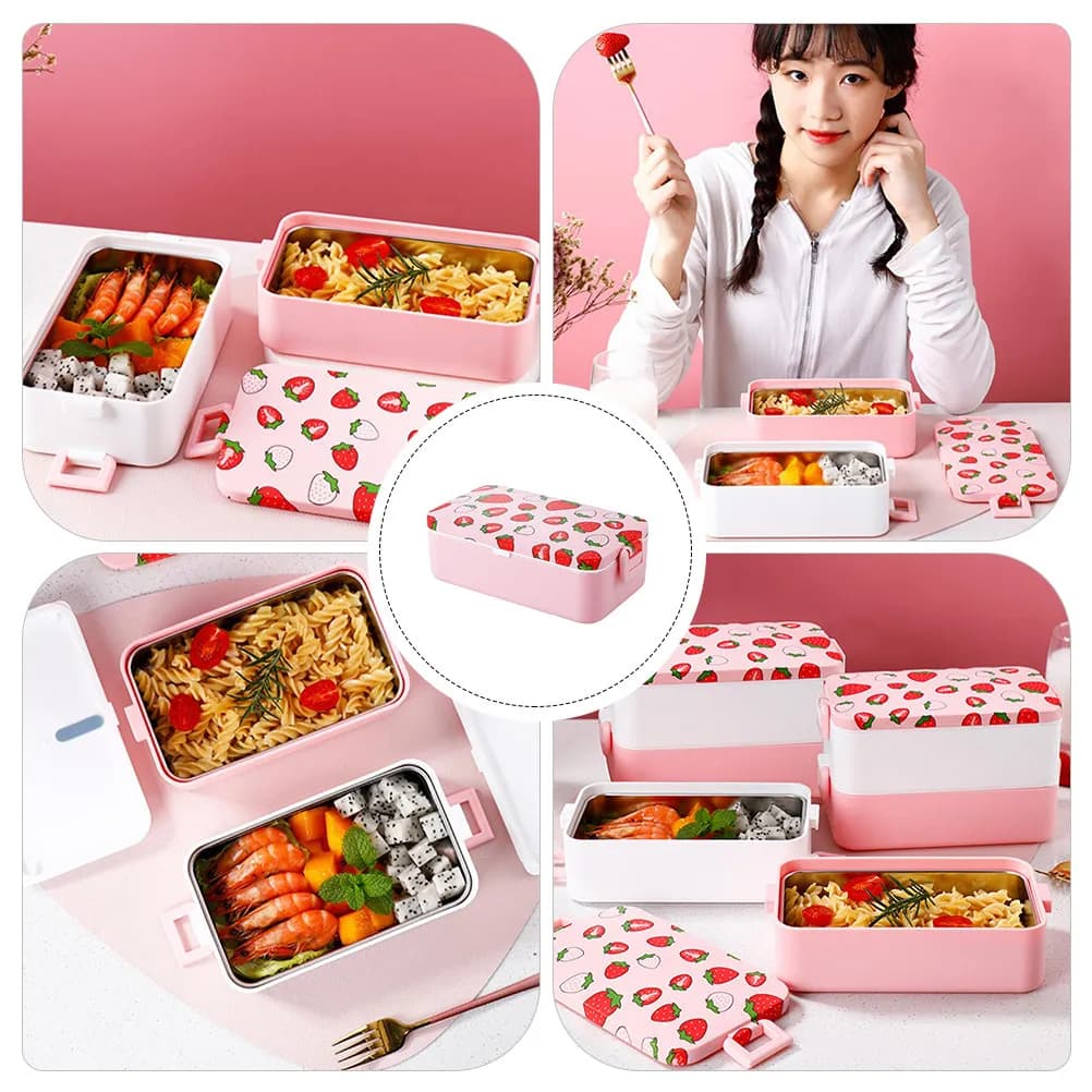 Strawberry-shaped lunch container, made of PP material, safe and portable, to store food, suitable for students, kitchen, school, office.