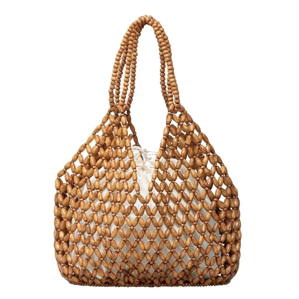 Trendy Polyester Lining Beaded Shoulder Bag Large Capacity Bucket Shape Ladies Handbag Handwoven Women Crossbody Bag Travel