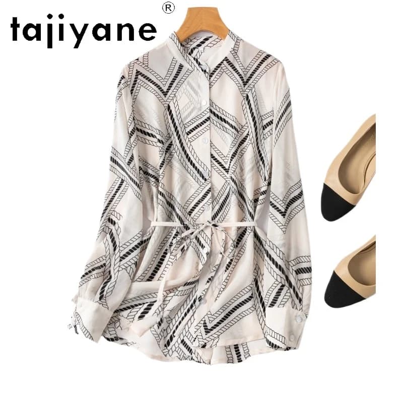 TAJIYANE Camicia 100% Seta di Gelso da Donna Stile Old Money Top Primaverile con Colletto Rialzato e Cintura Abbigliamento Donna 2026