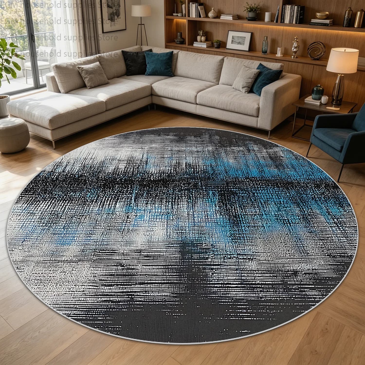 Minimalism Abstract Blue Black Round Carpet Modern Living Room Decorative Rugs Non-slip Easy Clean Washable Bedroom Floor Mats