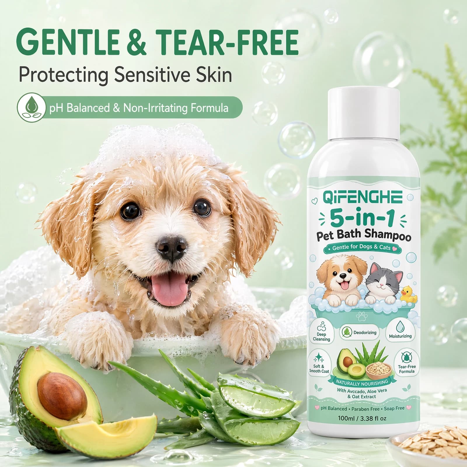 5-in-1 Pet Bath Shampoo for Dogs & Cats, Tear-Free Oatmeal Aloe Avocado Gentle Grooming Wash, Deep Clean Deodorize Moisturize So