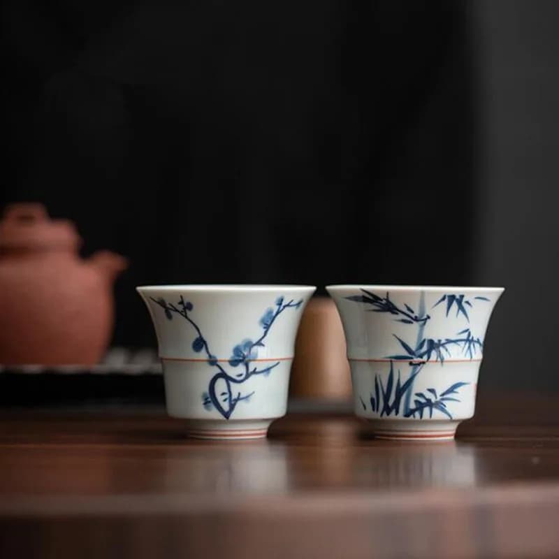 2 Pcs/Set Chinese Style Antique Celadon Calligraphy Bamboo Pattern Kungfu Tea Cups Master Cup Tea Bowl Kitchen Teaware