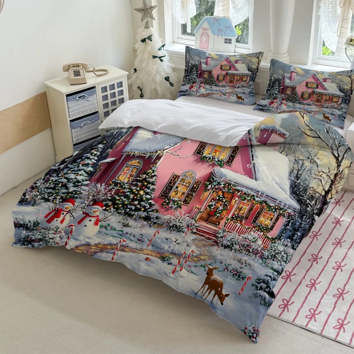 Set biancheria da letto a tema natalizio 3 pezzi Stampa villaggio invernale rosa (1 copripiumino + 2 federe, senza anima) - Adatto a tutte le stagioni