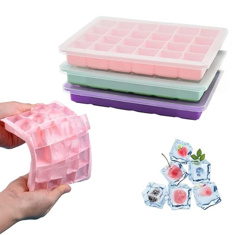 Stampo per Cubetti di Ghiaccio Quadrati con 24 Scomparti e Coperchio, Flessibile e Facile da Rilasciare, in Silicone Riutilizzabile per Cocktail e Bevande