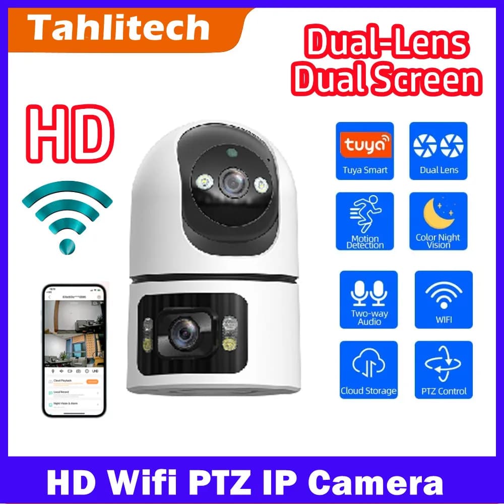 Telecamera di Sorveglianza IP CCTV WiFi PTZ Tuya con Doppia Lente 5K 10MP, Monitor per Bambini 8MP, Tracciamento Automatico e Visione Notturna a Colori