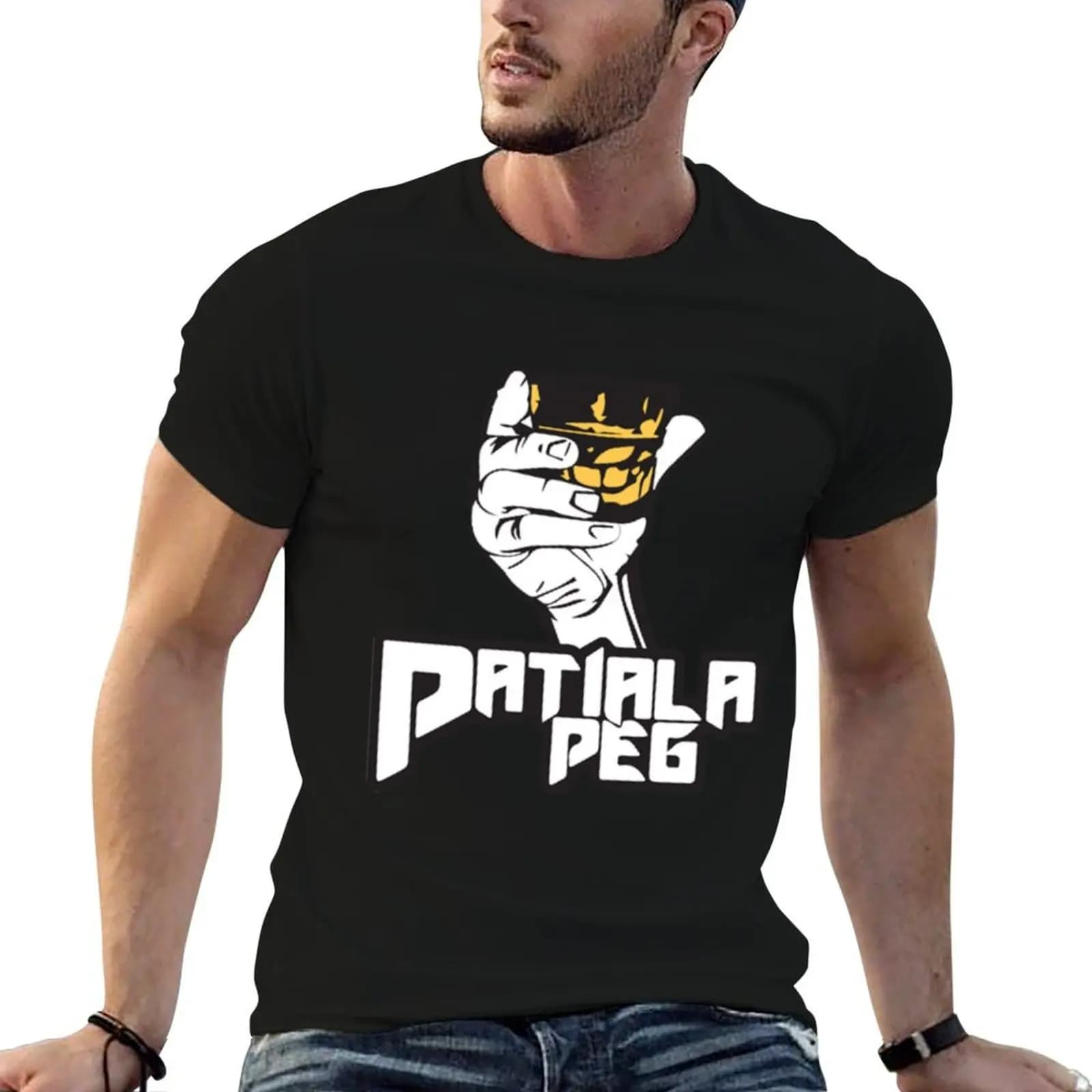 T-shirt Patiala Peg, T-shirt in cotone da uomo con stampa culturale Punjabi Pop