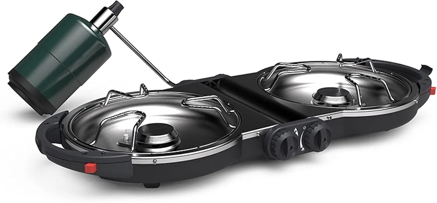 Fold \\u2018N Go 2-fire propane stove, double adjustable burners with 20,000 BTU power and InstaStart ignition, ideal for the field