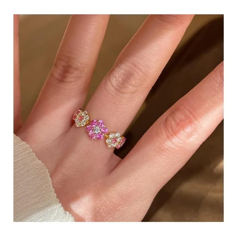 Exquisite Light Luxury Pink Diamond Cherry Blossom Ring Femininity Versatile Design Flower Adjustable Ring New Model