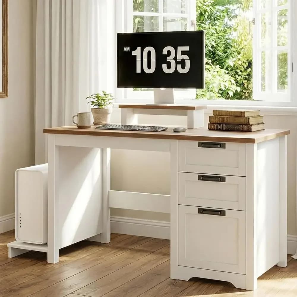 Adjustable Height Desk with 3 Drawers, Reversible Executive Style, Movable Monitor Stand, Suitable for Home Office, Study, Writi