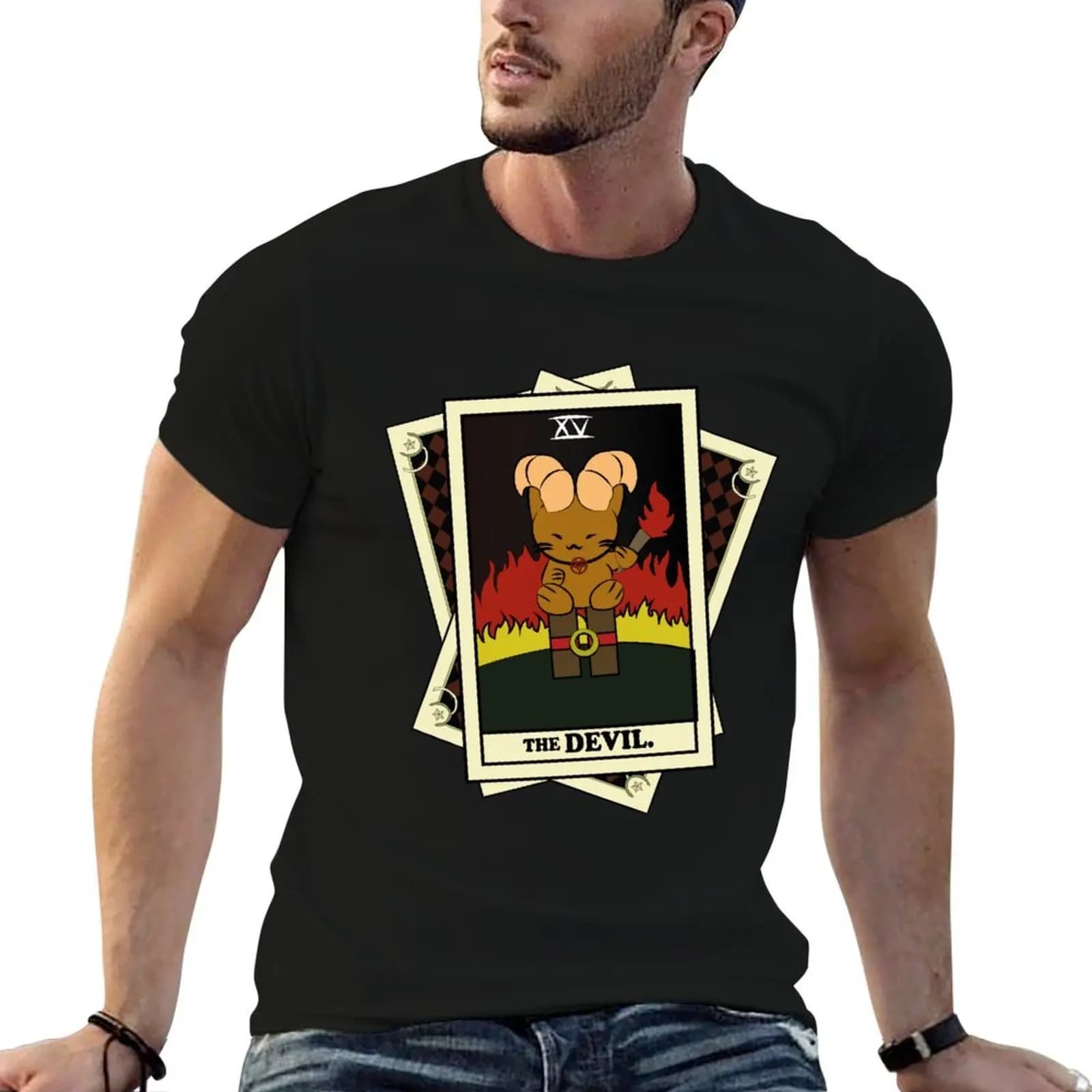 Mazzo di Carte dei Tarocchi: Il Diavolo. T-shirt FORTUNE CAT, maglietta anime