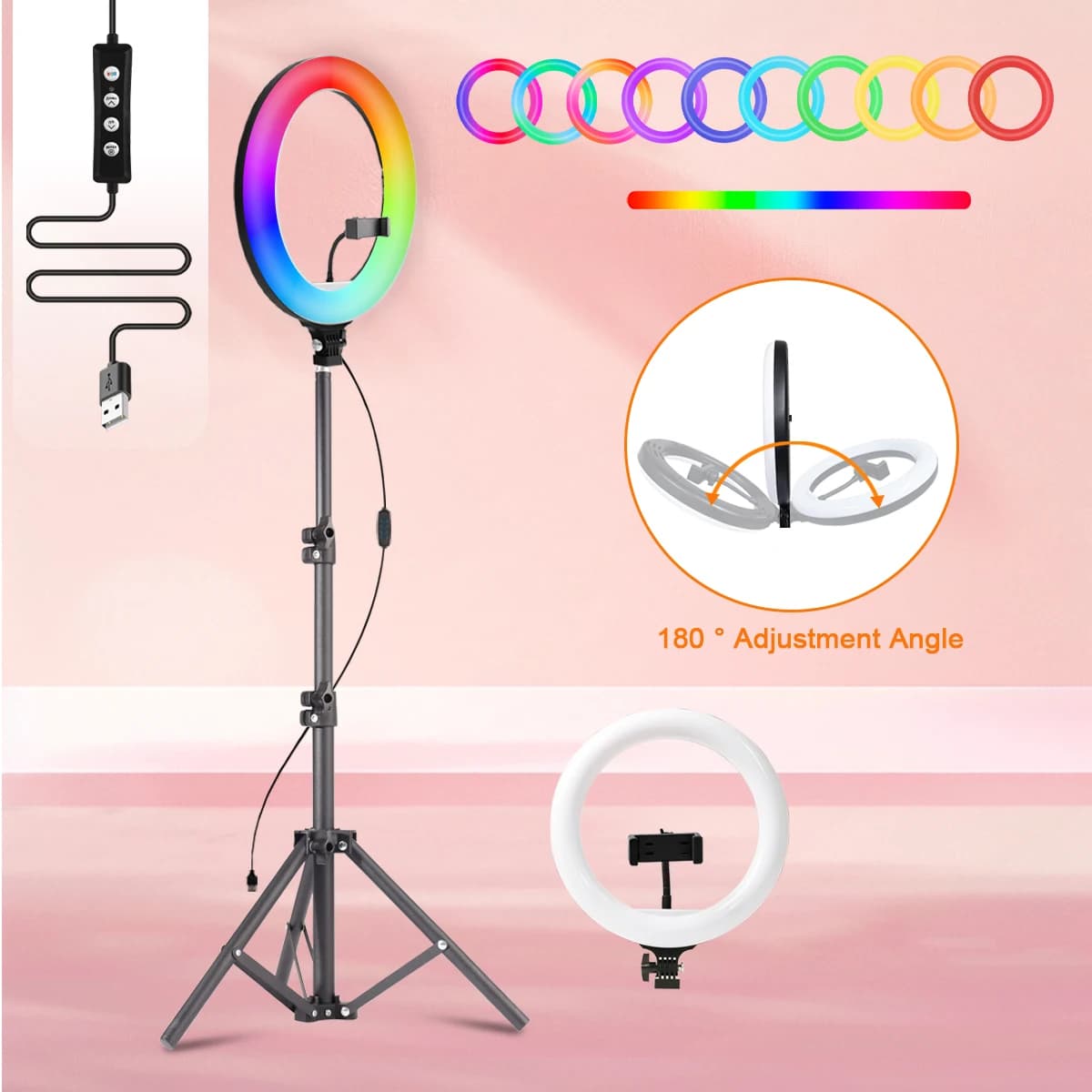 Anello luminoso LED RGB regolabile da 10 pollici con treppiede flessibile e supporto per telefono – Perfetto per selfie, vlogging e live streaming