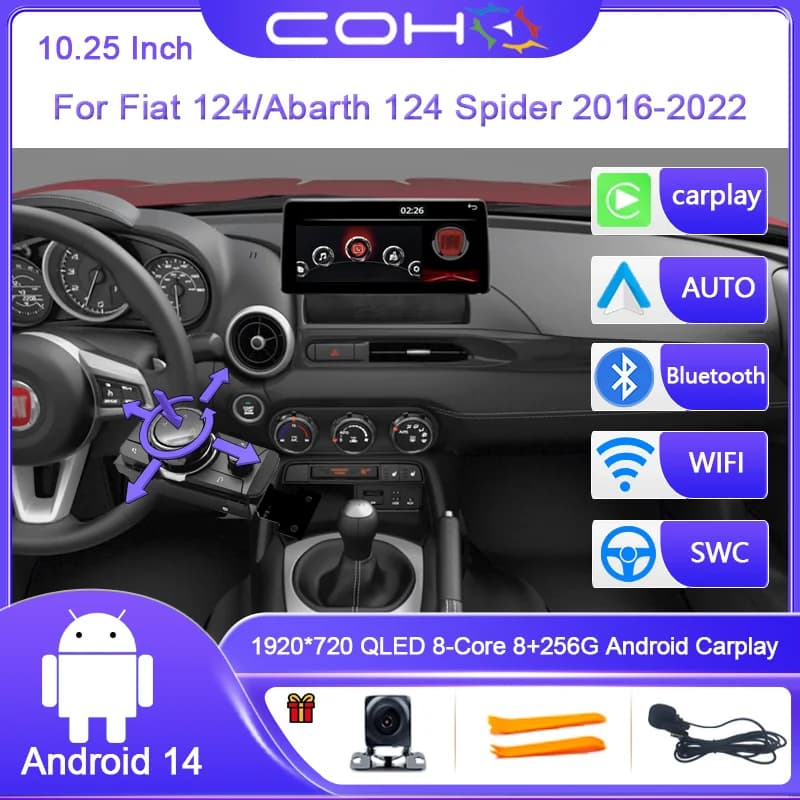 10.25inch For Fiat 124/ Abarth 124 Spider 2016-2022 Dual System Android14 Car Multimedia Player Stereo Radio GPS 4G WiFi carplay