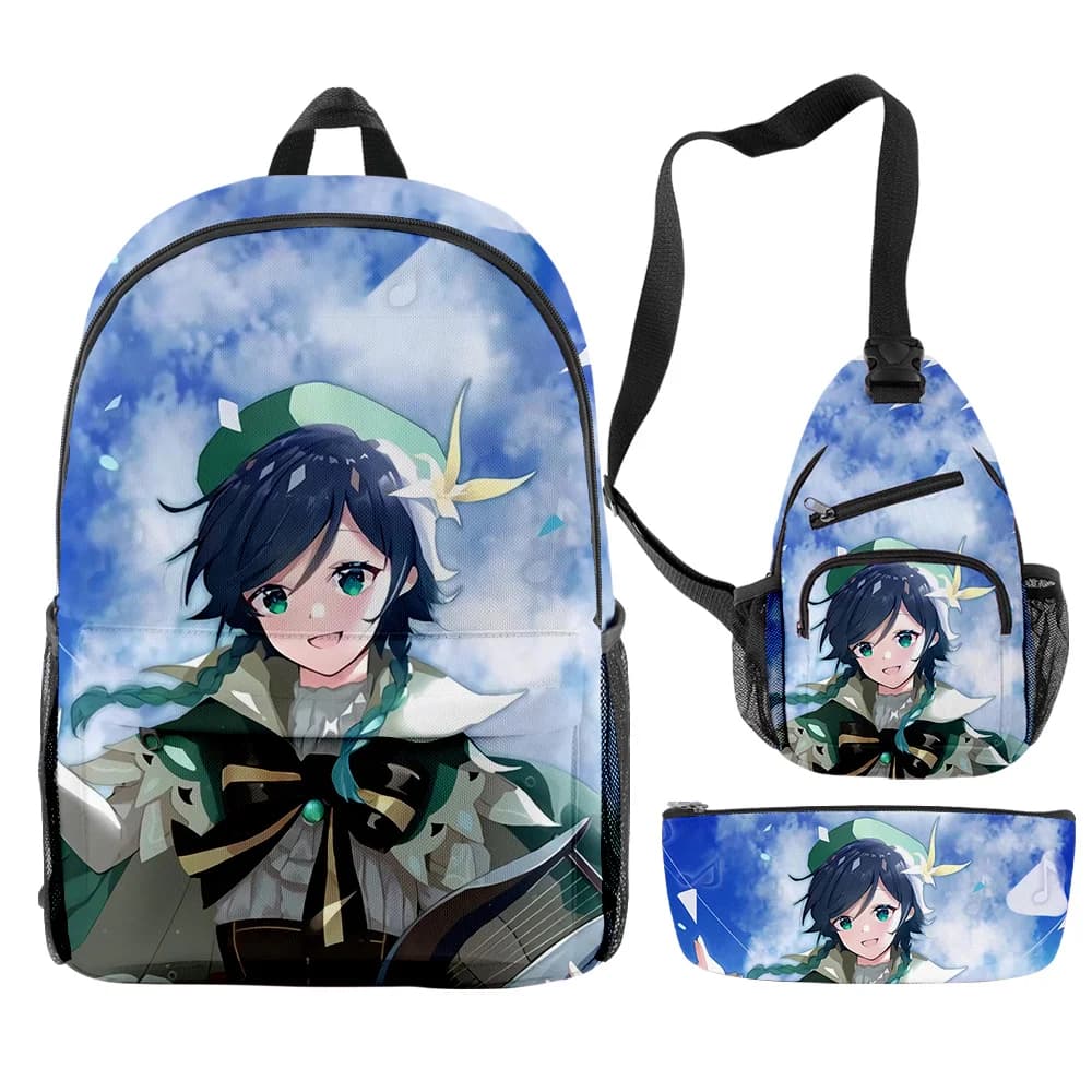 Classic Set of 3 Pieces Genshin Impact Venti with 3D Printing: School Backpack, Laptop Travel Bag, Shoulder Bag