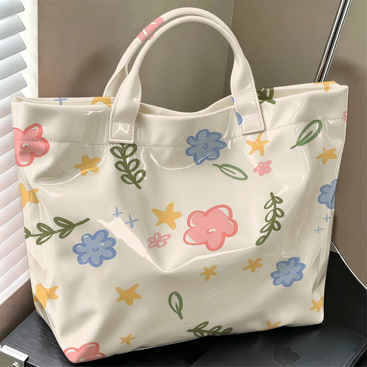 Blue Floral Star Stylish Large Glossy PVC Tote Bag Washable Waterproof Durable Ideal for Travel Commute Cosmetics Books Handbags