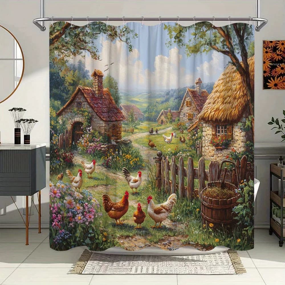 Tenda da doccia con pittura a olio rustica del villaggio - Cottage con tettoia, polli, fiori di campo, verde, cielo blu, poliestere lavabile,