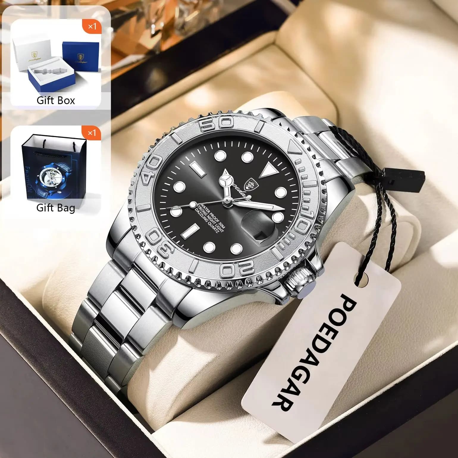 POEDAGAR Fashionable Men's Watch Luminous Stainless Steel Wrist Watch With Date Working Quartz Watches With Gift Box