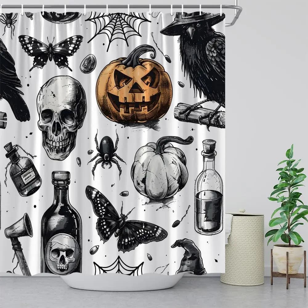 Tenda da doccia con zucca e teschio gotico, ragno di Halloween, corvo, farfalla, pozione magica spaventosa, decorazione per festival in bianco e nero