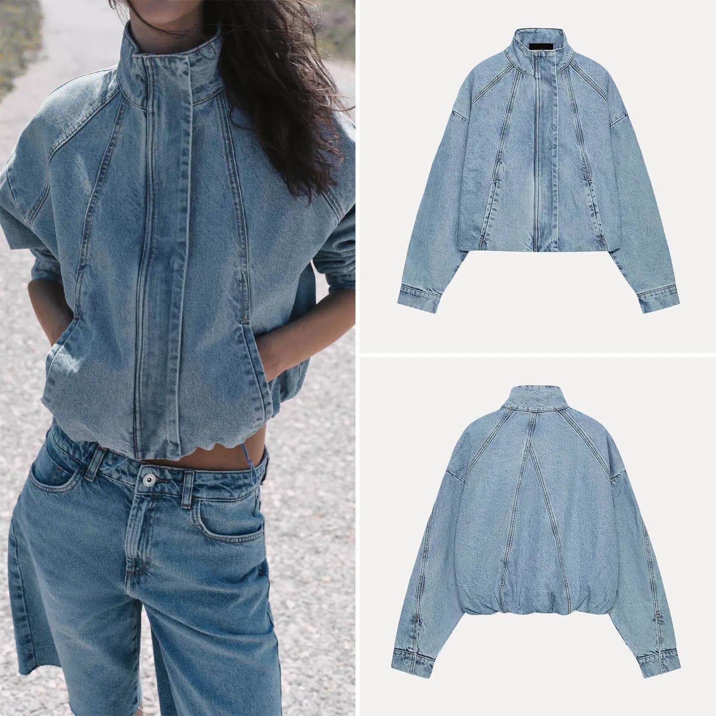 Fashionable Casual Style Women's Denim Pilot Jacket Stand Collar Summer New Arrival Outerwear Zipper Closure Short Length
