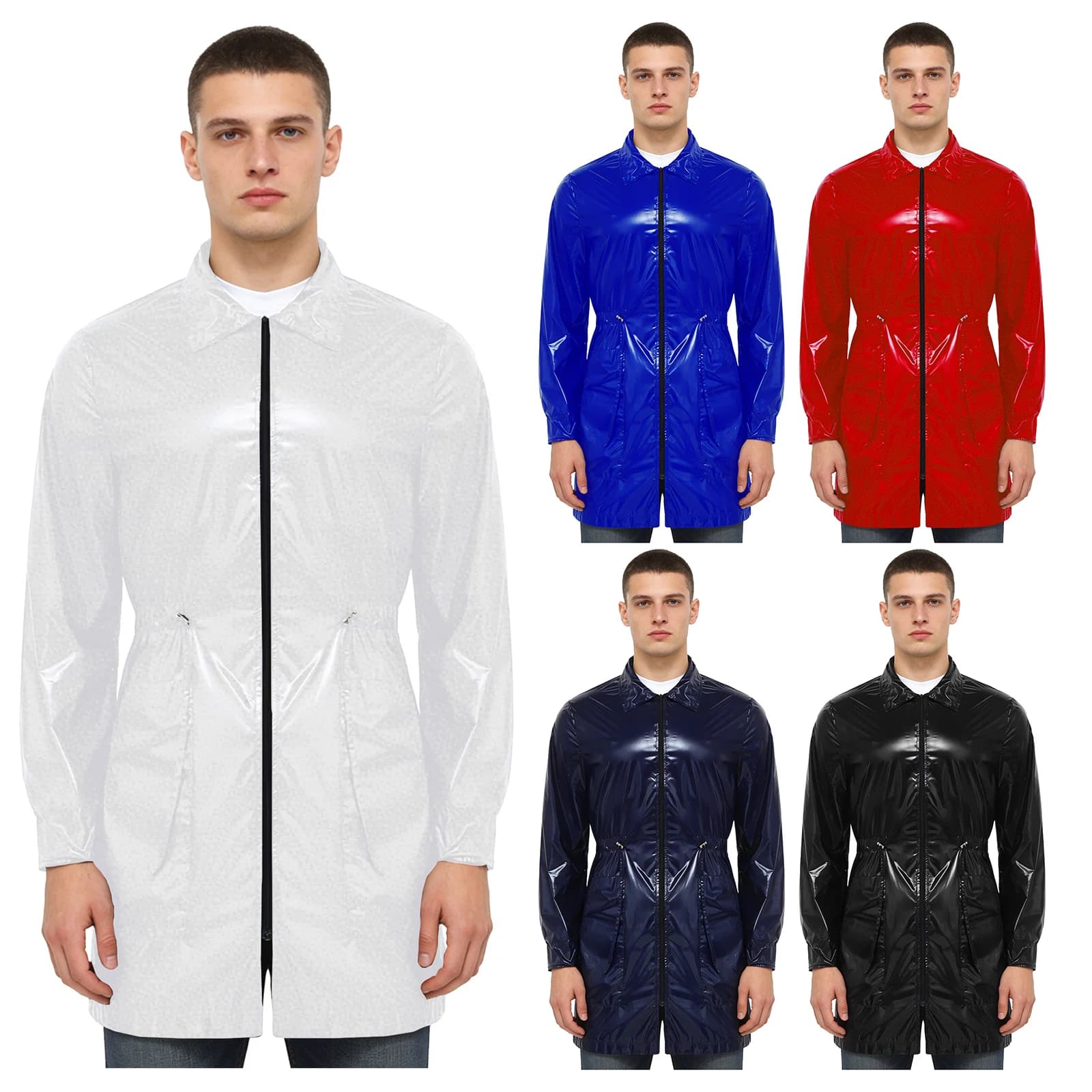 Mens Glossy Jacket Tops Streetwear Glossy Windbreaker Long Coat Zipper Mid-length Coat Zip-up Long Rain Trench Coat with Pockets