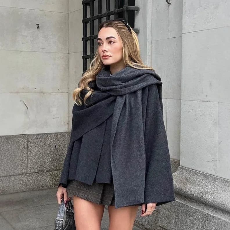KIDCRKJ Retro Elegant Coat Women Long Sleeve Chic Scarf Demi-season Cape Autumn Winter Wind-proof Scarf Knit Coat Top Streetwear
