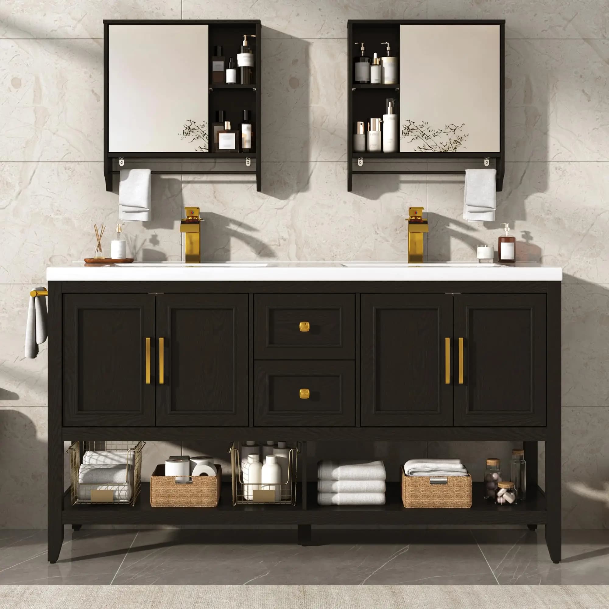 60 Inch Double Sink Bathroom Vanity Set with Faucet & Mirror Cabinet, Black | Towel Bar, Storage Shelf, Drawers, Curved