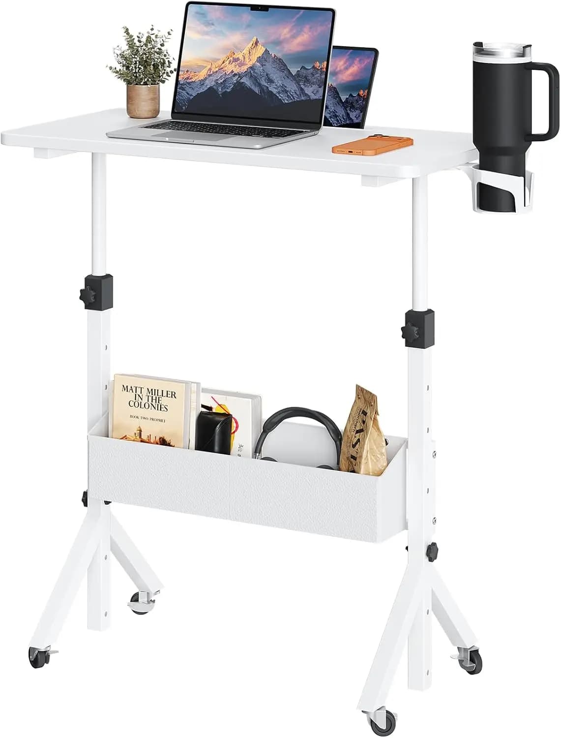 Scrivania mobile regolabile con ruote, carrello porta laptop con portabicchieri e cestino portaoggetti, bianco