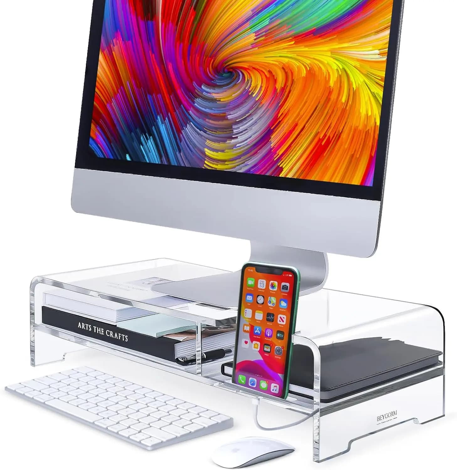 Support for Transparent Acrylic Monitor with Key Chain, 2 Level Up for Laptop and Phone Support, Desk Organizer