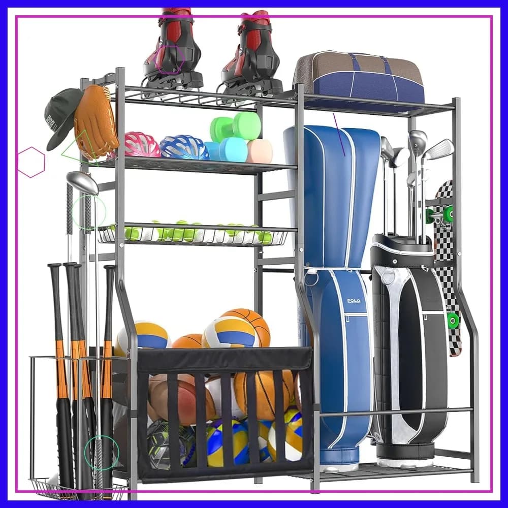 Organizzatore Sportivo Robusto da Garage, Porta Sacche da Golf e Porta Palloni per Palloni da Basket, Mazze, Giocattoli