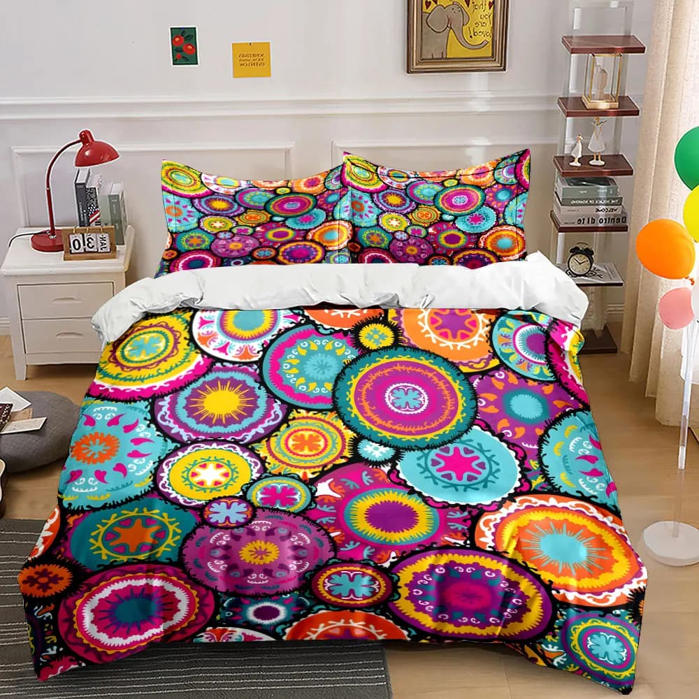 Set di biancheria da letto con stampa di sfondo con motivo circolare geometrico colorato, 1 copripiumino, 2 federe per adulti e bambini, regalo di lusso