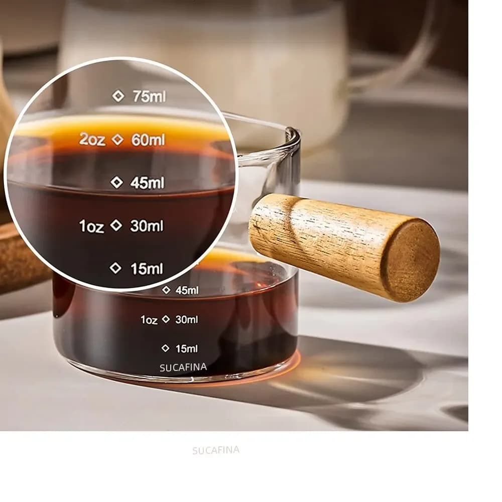 Glass dosing cup with wooden handle, glass dosing cup, single mouth transparent cup/double for milk and coffee, coffee accessories