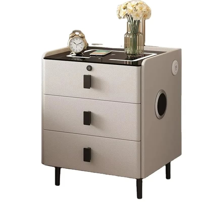 Comodino intelligente in stile nordico con piano in pelle e lastra di roccia, per camera da letto, di lusso, di alta gamma, con serratura.