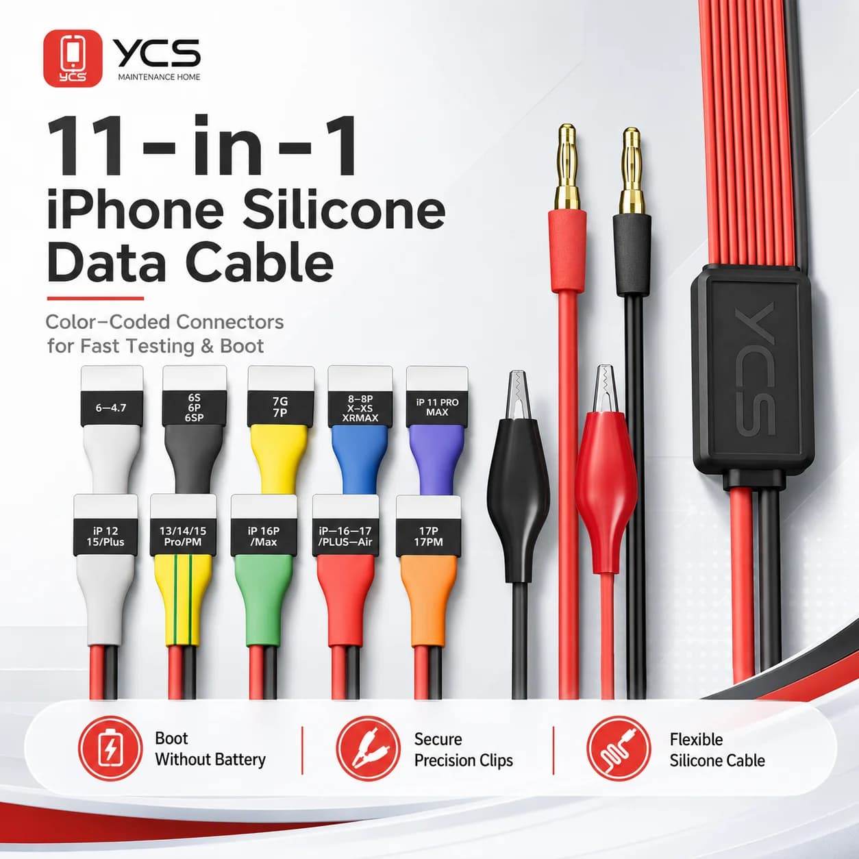 YCS D03 16in1 Silicone Battery Boot Cable for iPhone Android, Color-Coded Power Test Cable with Alligator Clips Repair Tool