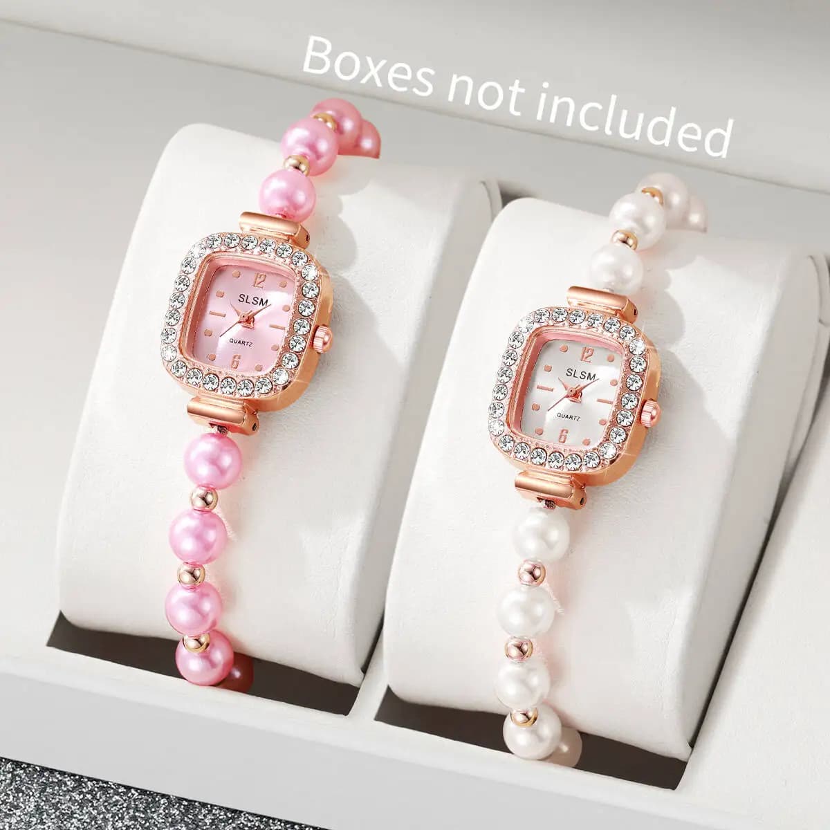 2PCS/Set Fashion Square Women Watches Imitation Rhinestone Pearls Bracelet Quartz Watch Reloj Mujer（Without Box）