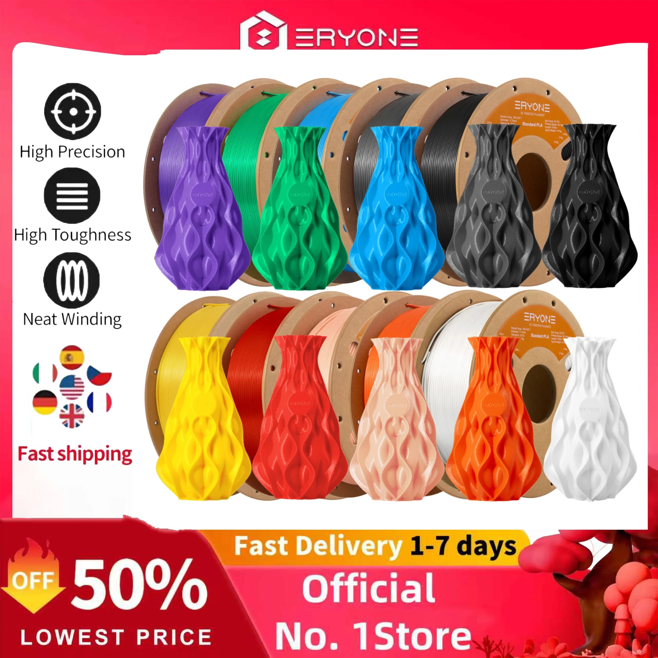 ERYONE 1/5/10KG Filamento PLA Premium standard 1,75mm Stampa 3D, multicolore disponibile, grande vendita filamento pla da 1 kg, 1 kg/bobina