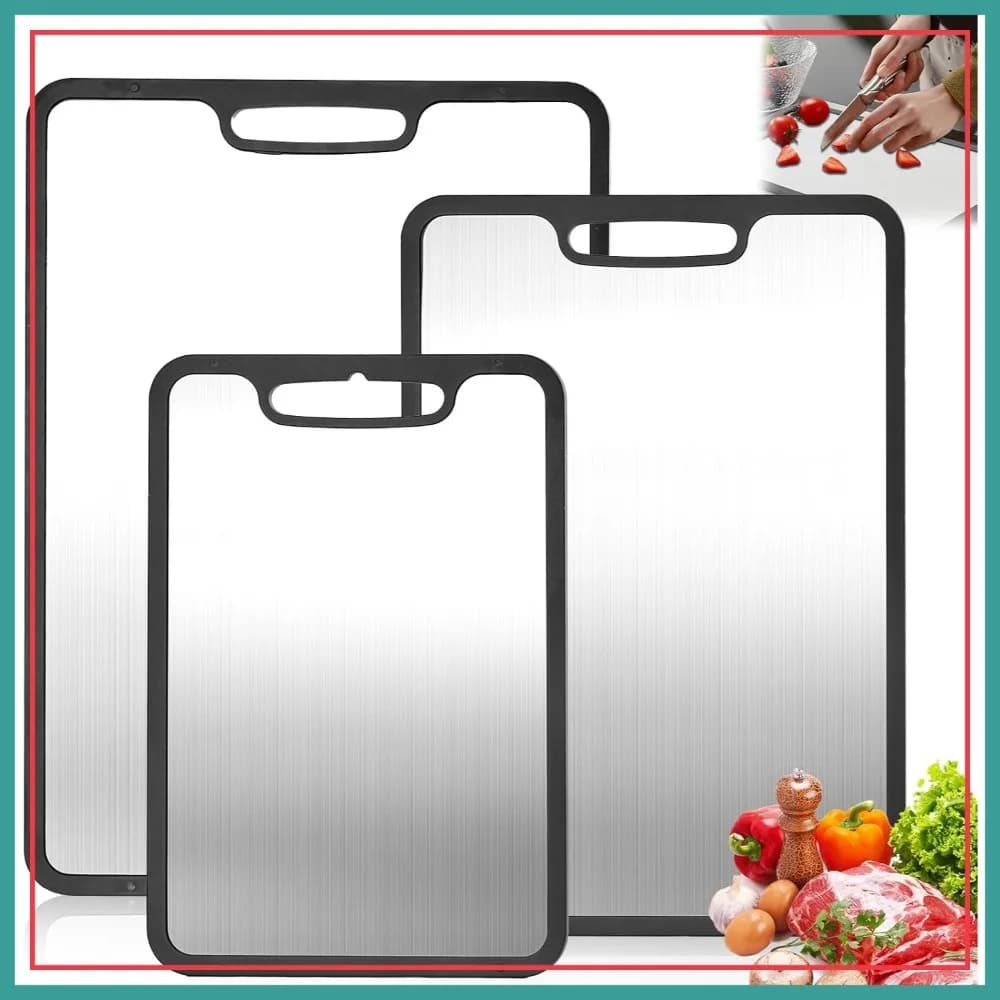 Set di 3 Taglieri in Titanio, Taglieri in Metallo per Cucina e Campeggio, Bordo in Silicone Antiscivolo, L+M+S
