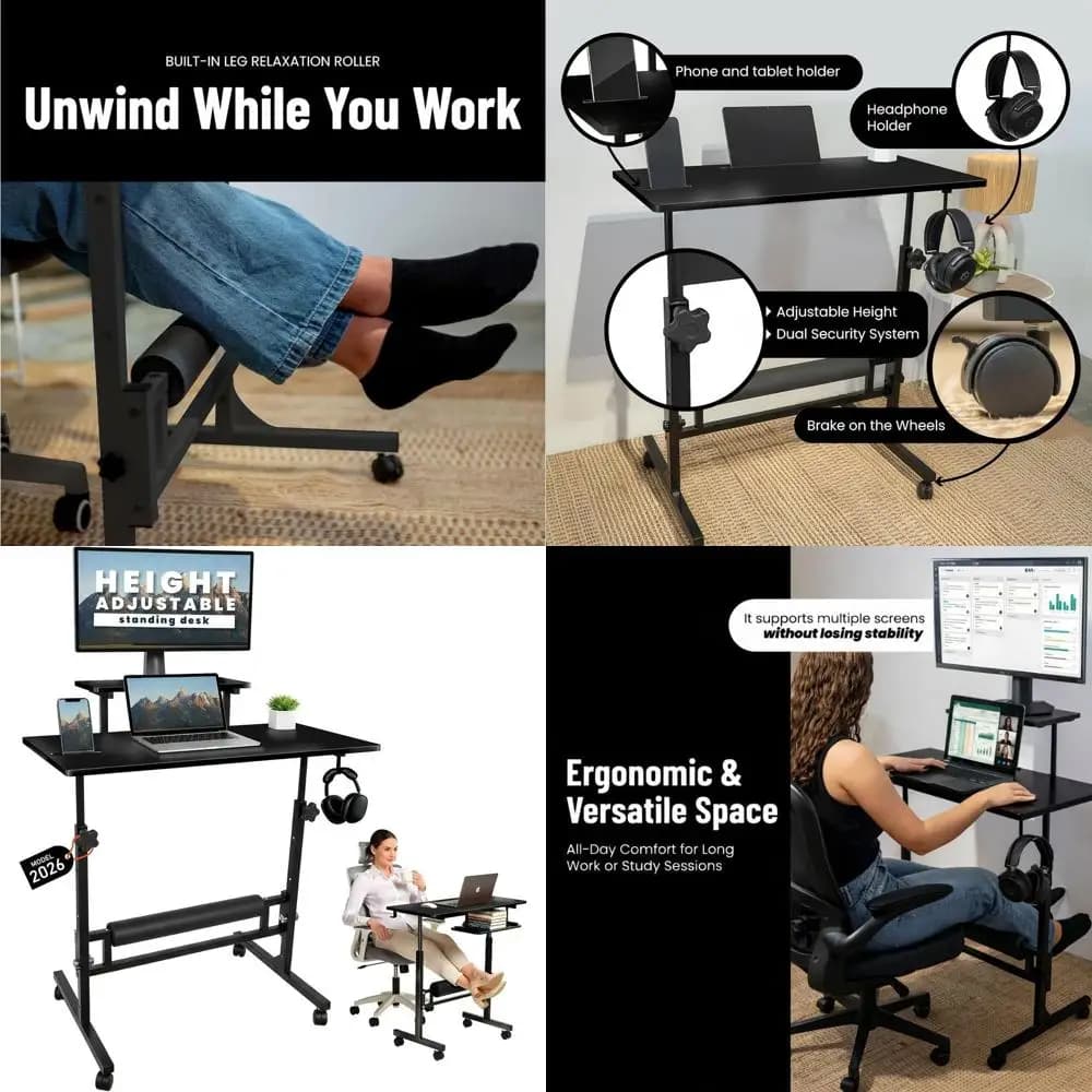 Scrivania Compatta con Ruote e Altezza Regolabile, Tavolo Portatile per Laptop, Postazione di Lavoro Mobile per Piccoli Spazi, Scrivania Ergonomica Regolabile in Altezza