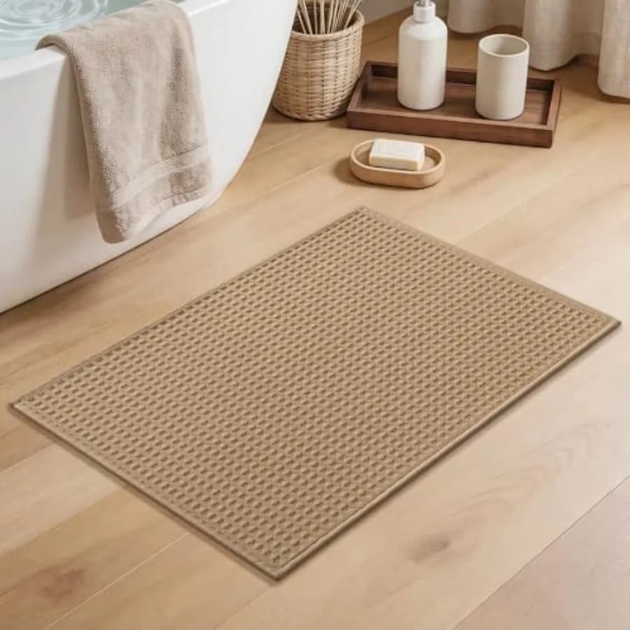 Waffle Ultra Thin Small Bath Mat, Soft and Absorbent Bathroom Rug, Non-Slip Rubber Backed, Quick Dry Shower Mat, Boho Farmhouse