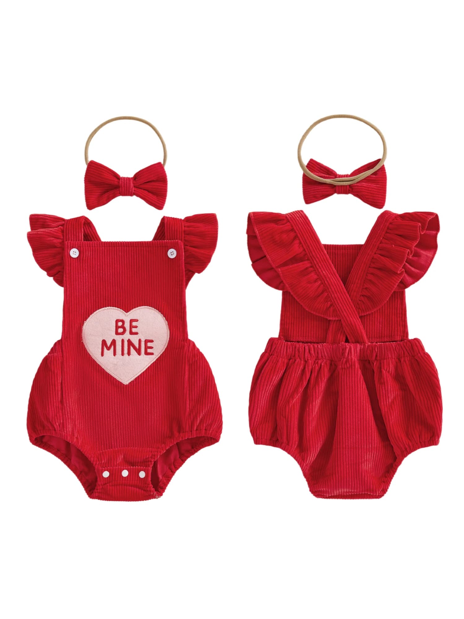 Set di vestiti per San Valentino per bambina, pagliaccetto senza maniche con volant e stampa a cuore con fascia abbinata per vestiti per bambini