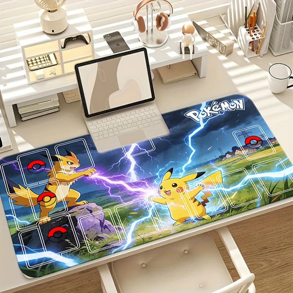 Tappetino da gioco Pikachu vs Jolteon Pokemon TCG, tappetino per mouse da gioco grande ed esteso con zone per le carte, tappetino da scrivania antiscivolo per giochi di carte collezionabili