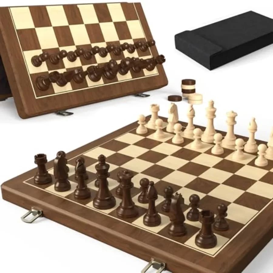 Set di Scacchi e Dama Pieghevole in Legno di Noce Naturale Premium con 15 Pezzi Magnetici, per Casa/Viaggio, Nero, 2-in-1 a Doppia Faccia