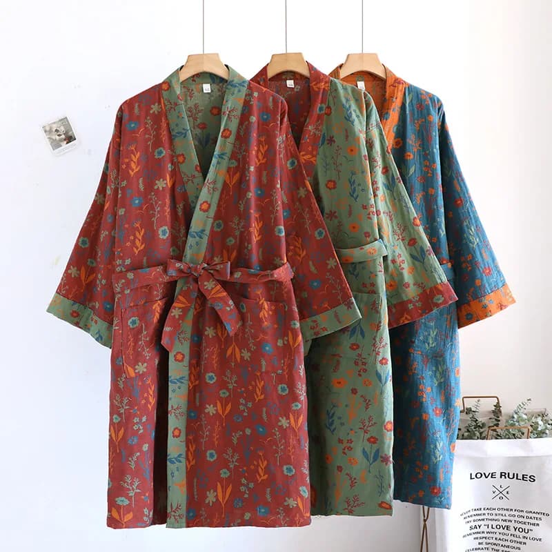 Pure Cotton Kimono Robe Women's Pajamas Night Wear Autumn Retro Floral Sleepwear Soft Bathrobe For Women Room JJ226
